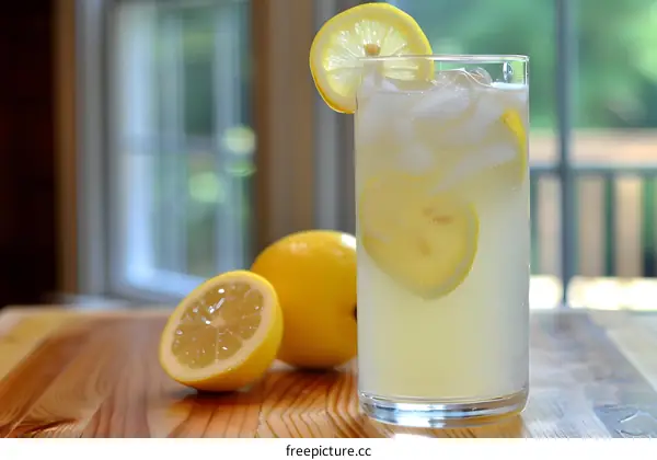 Glass of Lemonade with Ice and Lemon Slices on a Wooden Table