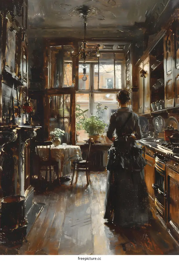 A woman standing in a kitchen looking out the window