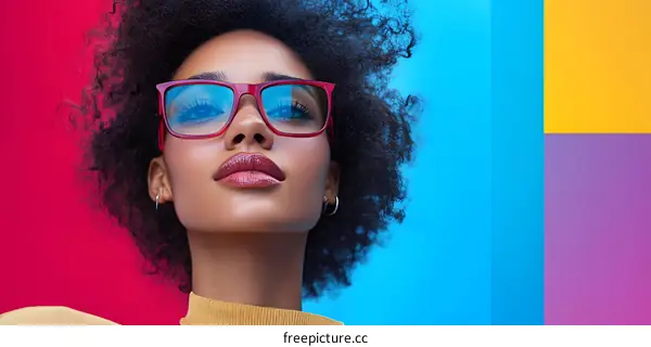 Woman With Curly Hair Wearing Glasses Against Colorful Background