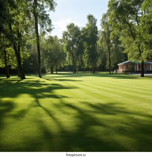 Golden sunlight streaming through lush green trees in a peaceful park