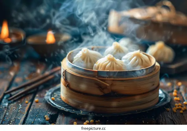 Chinese Steamed Dumplings with Chopsticks in Bamboo Steamer Basket