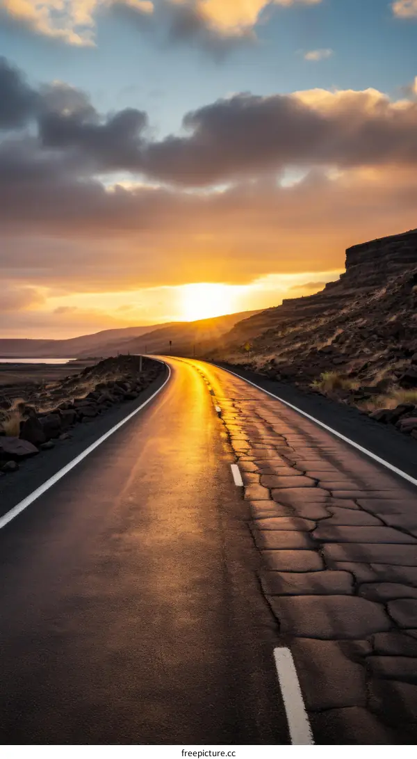 Sunset over an Empty Asphalt Road under Vast Sky