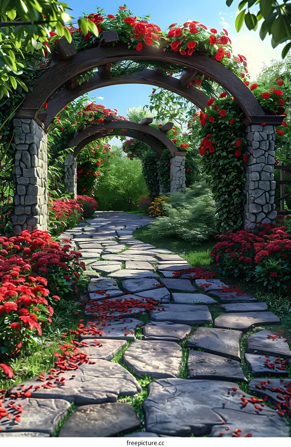 A stone path through a garden archway with red roses