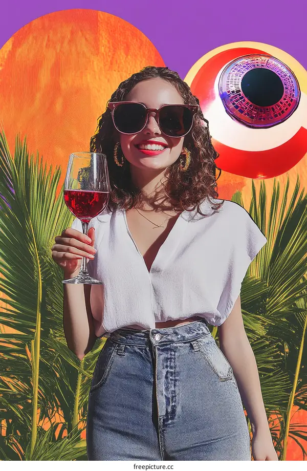Stylish Woman Enjoying a Drink in a Vibrant Collage