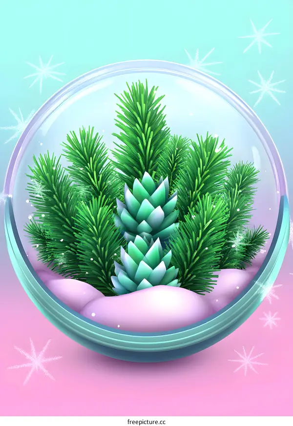 Green Pine Branches with Snow in a Glass Sphere