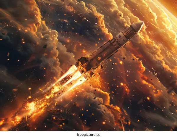 A rocket launch from earth into space