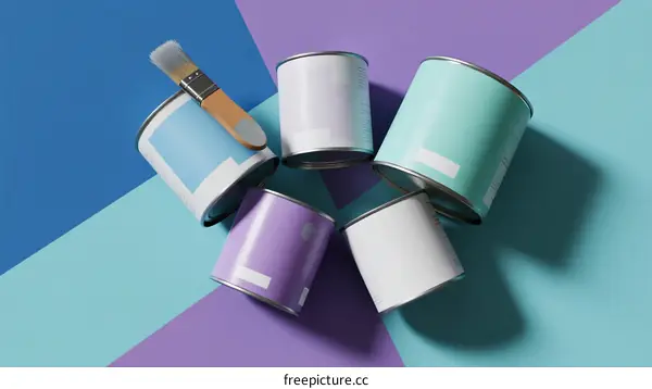 Colorful Paint Cans with Brush on Multicolored Background