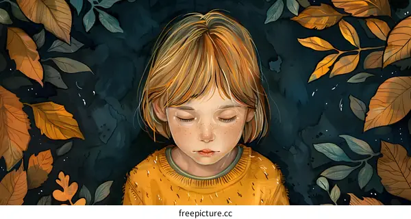 Little girl with freckles and blond hair surrounded by colorful leaves