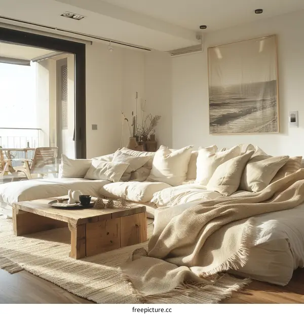 Airy Coastal Living Room With Lots of Pillows and Blankets
