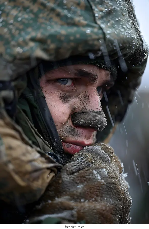Portrait of a soldier in the rain