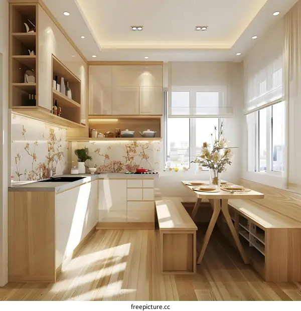 Modern Kitchen Interior Design With Wooden Cabinets And Dining Table