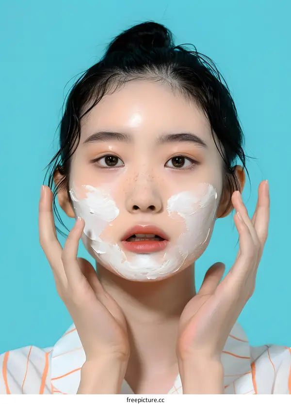 Asian Woman Applying Facial Mask On Blue Background