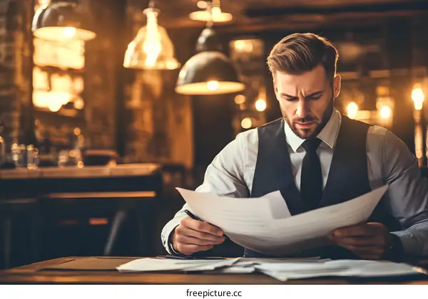 Businessman reviewing documents at a cafe