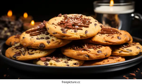 Warm Chocolate Chip Cookies on Black Plate with Candlelight