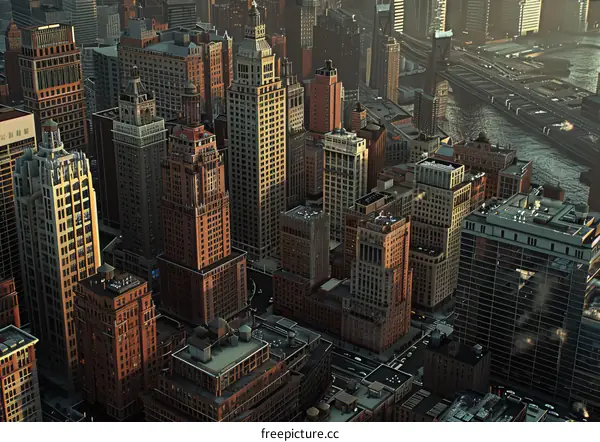 Metropolis with Towering Structures and River