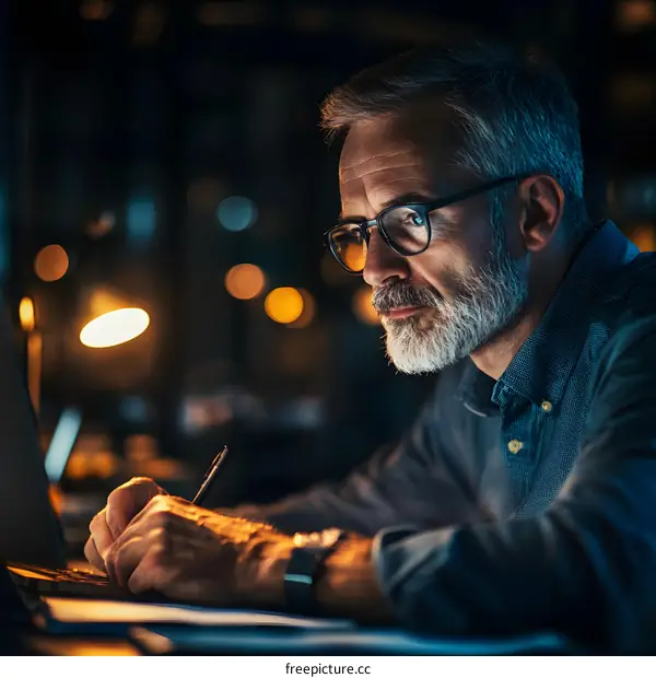 Serious Man Working on Laptop at Night