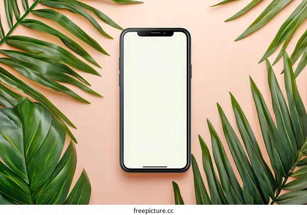 Smartphone Mockup with Tropical Leaves on Pink Background