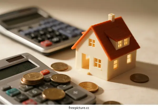 Close-up of toy house and calculators on table
