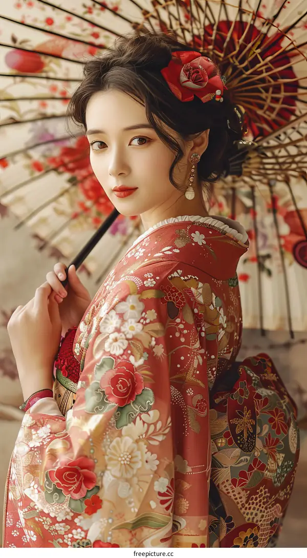 Portrait of a beautiful Japanese woman in traditional kimono