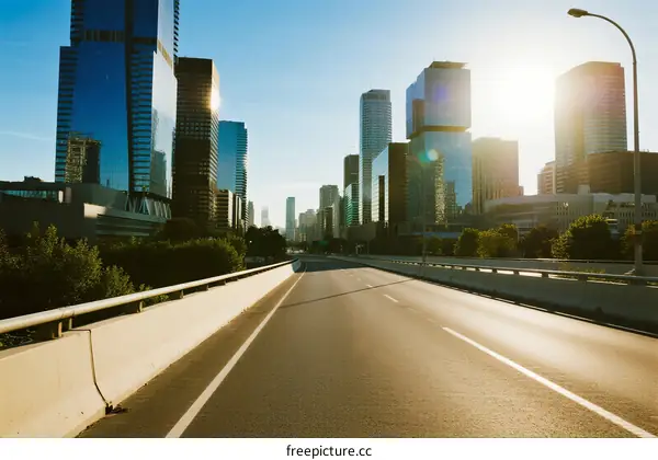 Sunlit Urban Road with Tall Modern Buildings in the Background