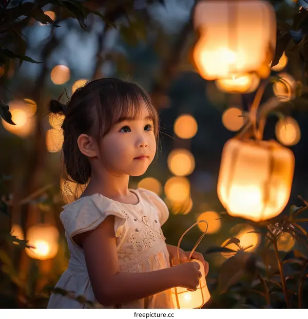 Asian Girl Holding a Lantern in a Garden