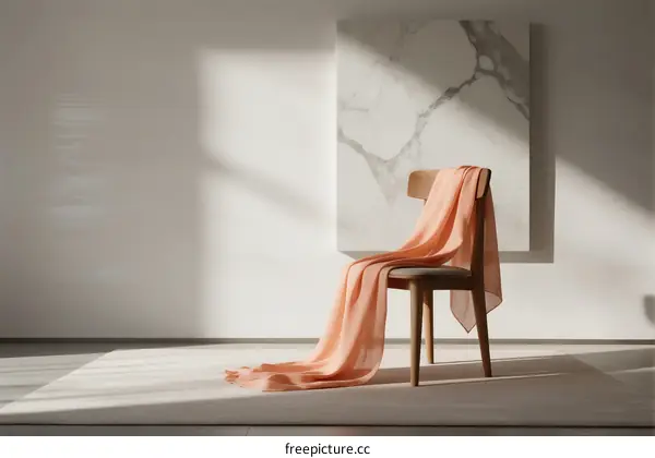 Elegant Peach Scarf Drapped Over Wooden Chair Against Marble Wall