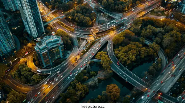 Aerial View of a Complex Urban Highway Interchange at Night with Cars and Trees