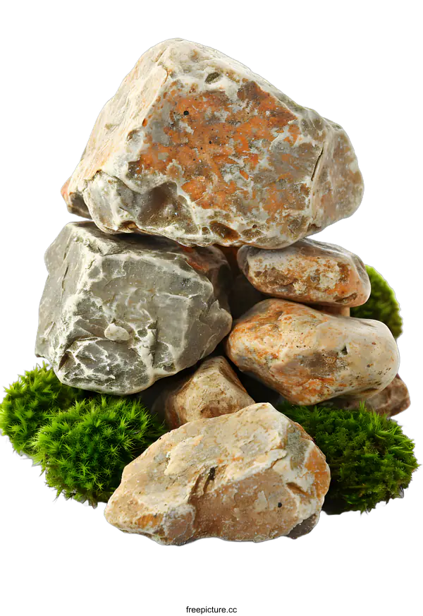 [Transparent Background PNG]Stone and Moss on White Background