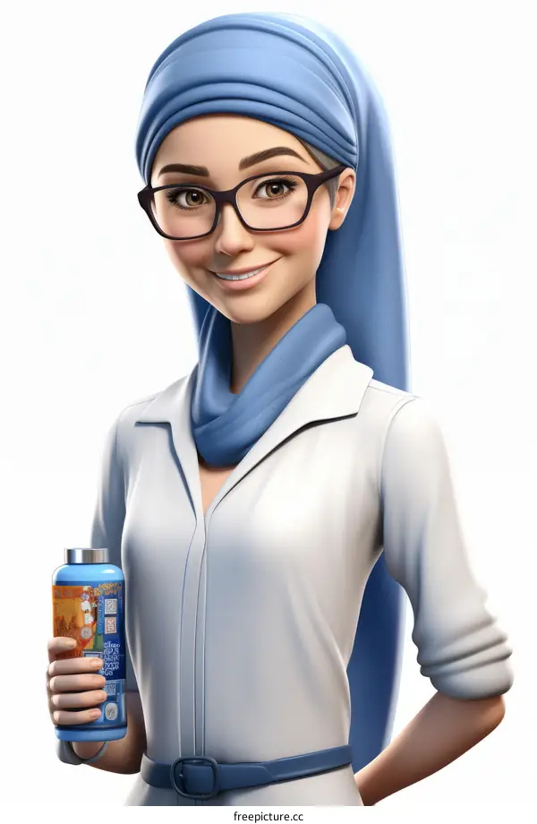 3D Rendering of Young Woman with Blue Headscarf and Glasses Holding Shampoo