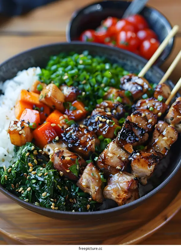 Japanese food donburi with chicken teriyaki, carrot, spinach and sesame seeds