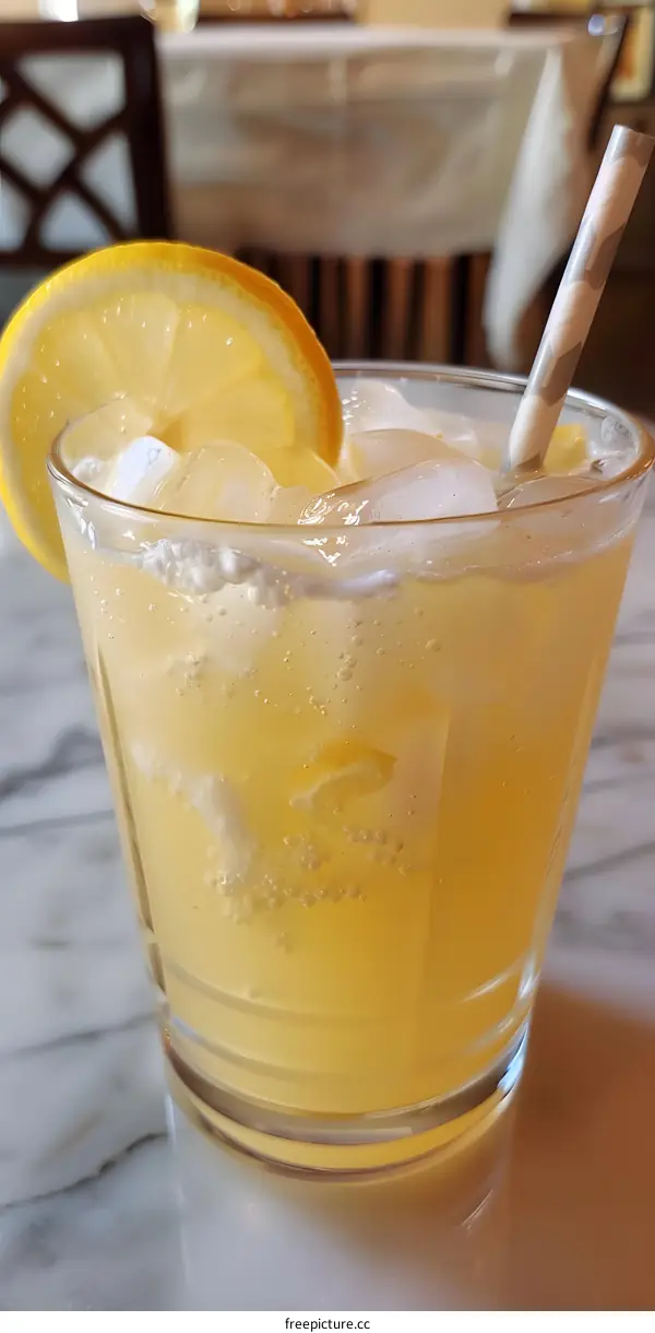 Closeup of a glass of Lemonade with ice and a lemon slice on top