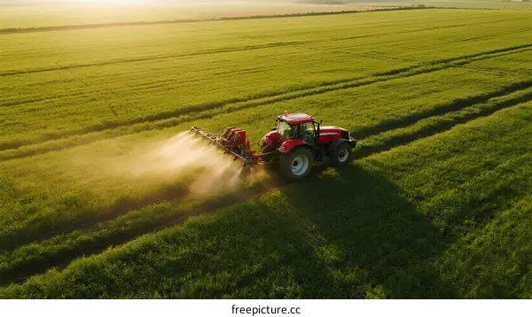 Tractor Spraying Pesticide on Green Wheat Field at Sunset