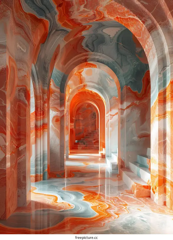 Orange & Blue Marbled Arched Hallway