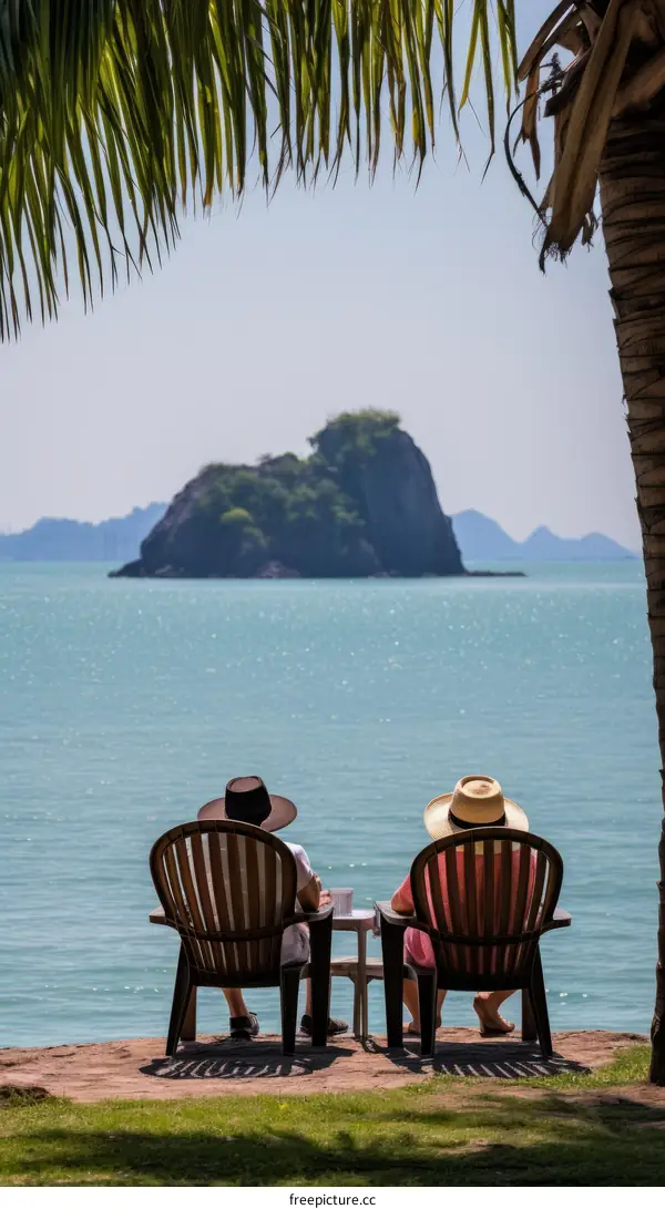 A couple sitting on chairs and looking at the sea
