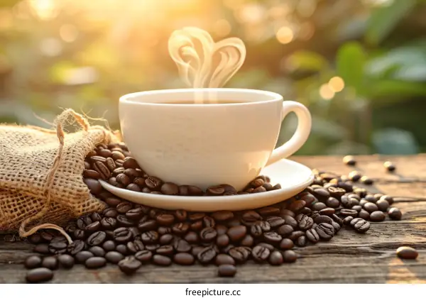 Heart-shaped Smoke Above Coffee Cup on Wooden Table