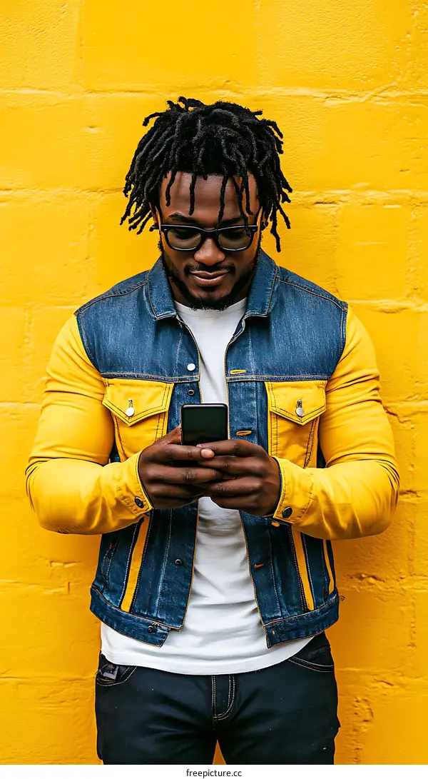 Stylish African Man Using Smartphone Against Yellow Wall