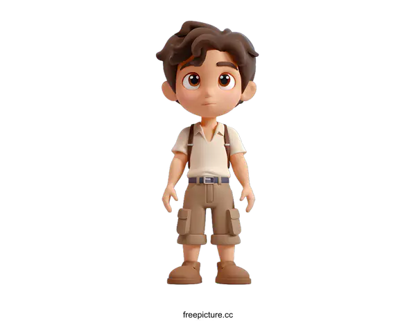 [Transparent Background PNG]A 3D rendering of a young boy wearing a brown shirt and cargo pants.