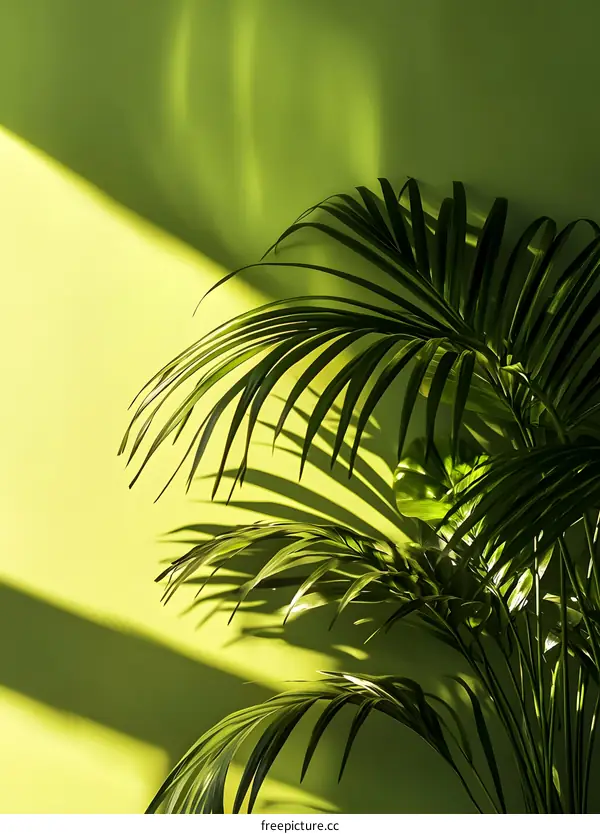 Green Palm Leaves with Sunlight on a Yellow Wall