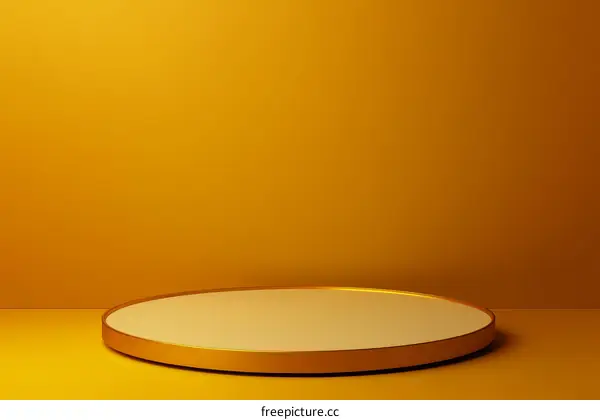 Empty Gold Round Display Podium on a Mustard Yellow Background