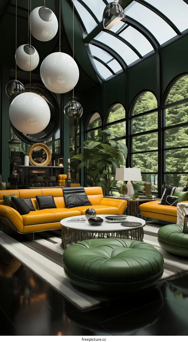 Modern living room interior design with green walls and yellow leather furniture