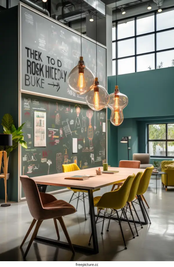 interior of a modern office space with chalkboard wall and large windows