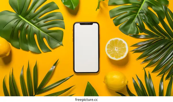 Tropical Summer Phone Mockup With Lemons and Palm Leaves
