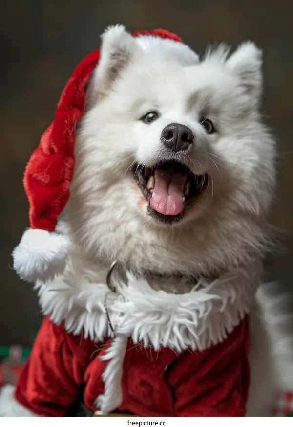 Smiling Samoyed Dog Wearing Santa Hat
