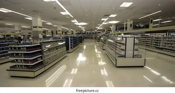 Empty Supermarket Aisle With Shelves Full Of Products