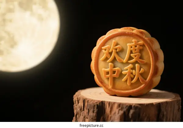 Mooncake with 'Celebrate Mid-Autumn Festival' inscription under full moon