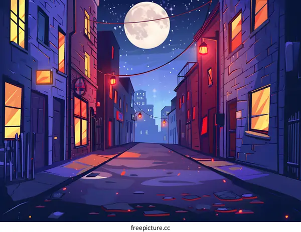 Night Street View With Full Moon