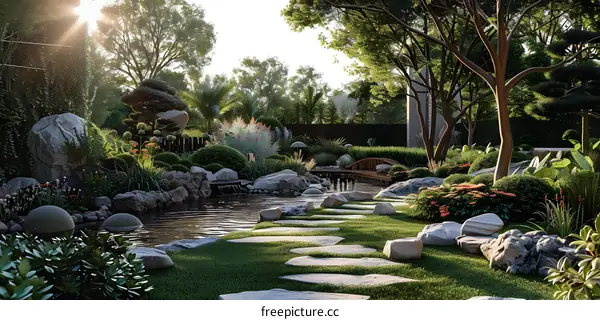 A beautiful garden with a pond, trees, and a stone path.