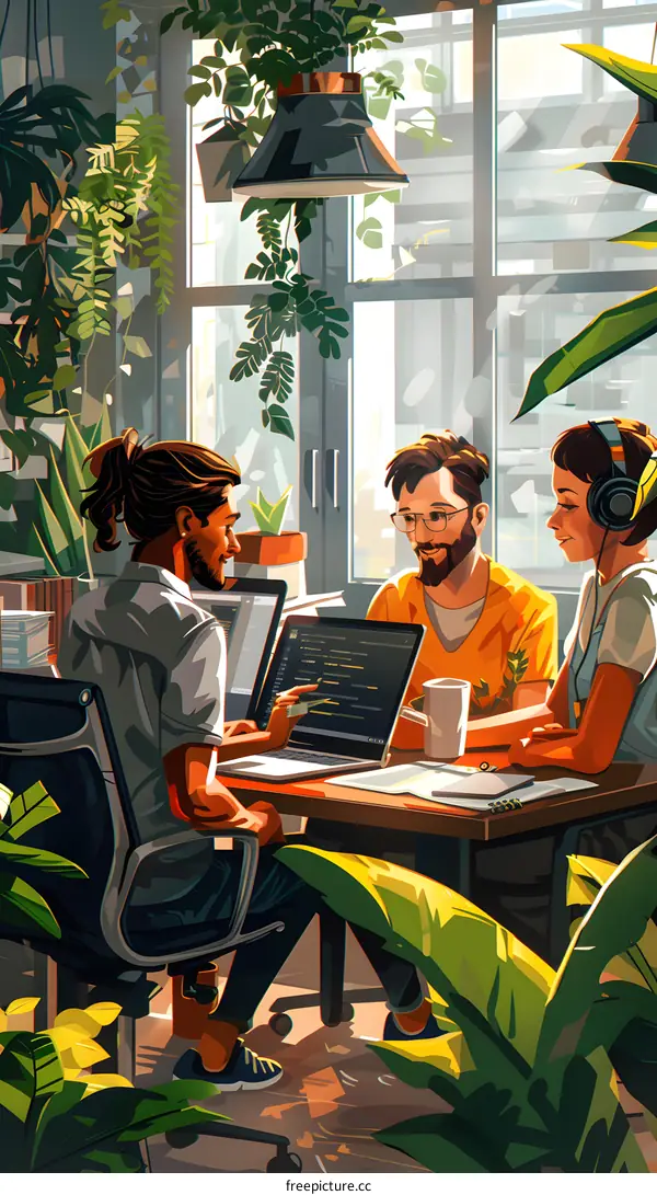 Group of People Working Together in a Modern Office Space with Lots of Plants