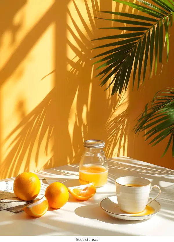 Summer Breakfast with Orange Juice, Fruit and Palm Leaf Shadow
