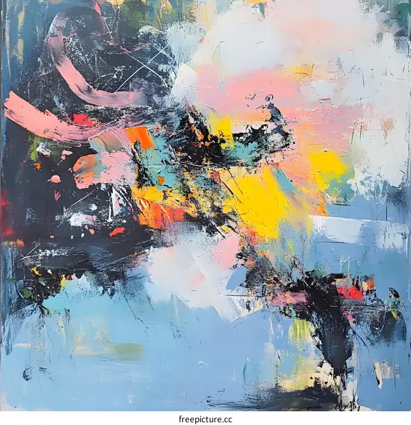 Abstract Art Painting with Swirls of Pink, Yellow, and Blue